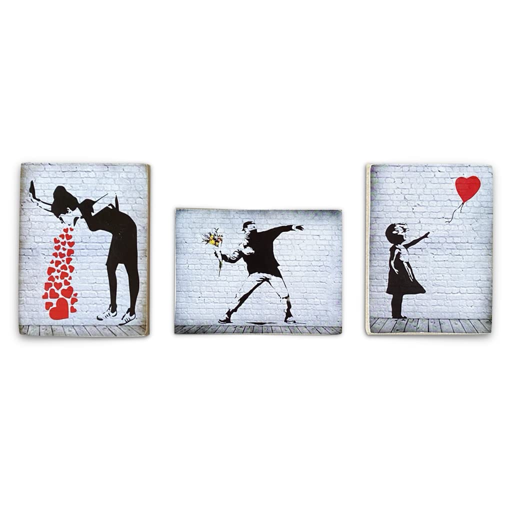 KUSTOM ART Composition of 3 Vintage Style Squares Bansky Series. Print on Wood 18x25 cm each picture