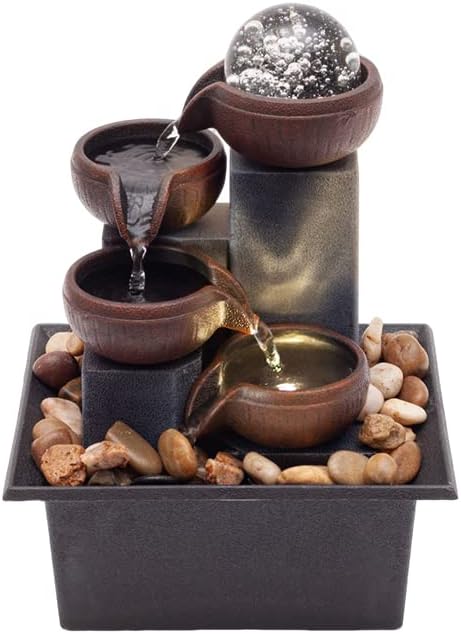 Indoor Fountains & Accessories - Indoor 4-Tier Relaxation Tabletop Fountain Waterfall Function,with Warm Color LED Lights and 3-Level Adjustable Water Pump for Home and Office Decoration Brown