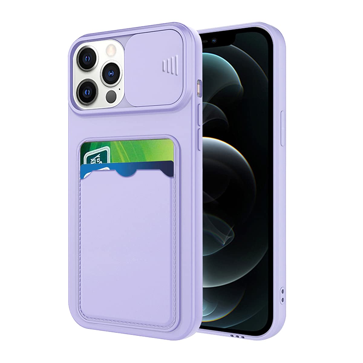 Compatible With Apple iPhone 14 Pro Case Camera Slide Protector, iPhone 14 Pro Phone Case With Card Holder Pink Cover Silicone Shockproof (Purple)