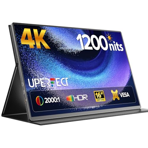 UPERFECT - Monitor portátil 4K de 16 pulgadas | Monitor portátil 1200 Nits | 3840 x 2400 UHD | 1MS FreeSync 2000:1 contraste | USB-C y HDMI | VESA y funda inteligente | visualización de viaje para