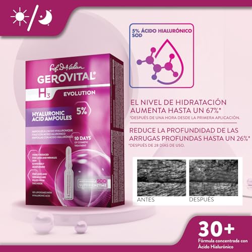 Pure Hyaluronic Acid Ampoules, Non-Injectable Serum for the Face, Reduces Wrinkles, Moisturizing and Regenerating Effect, 10 Vials x 2 ml, Gerovital H3 Evolution