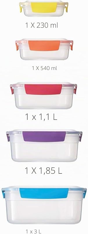 Nest Lock Set 5 Recipientes de Plástico para Alimentos, Herméticos, Fiambrera, Almacenaje Cocina, Multicolor