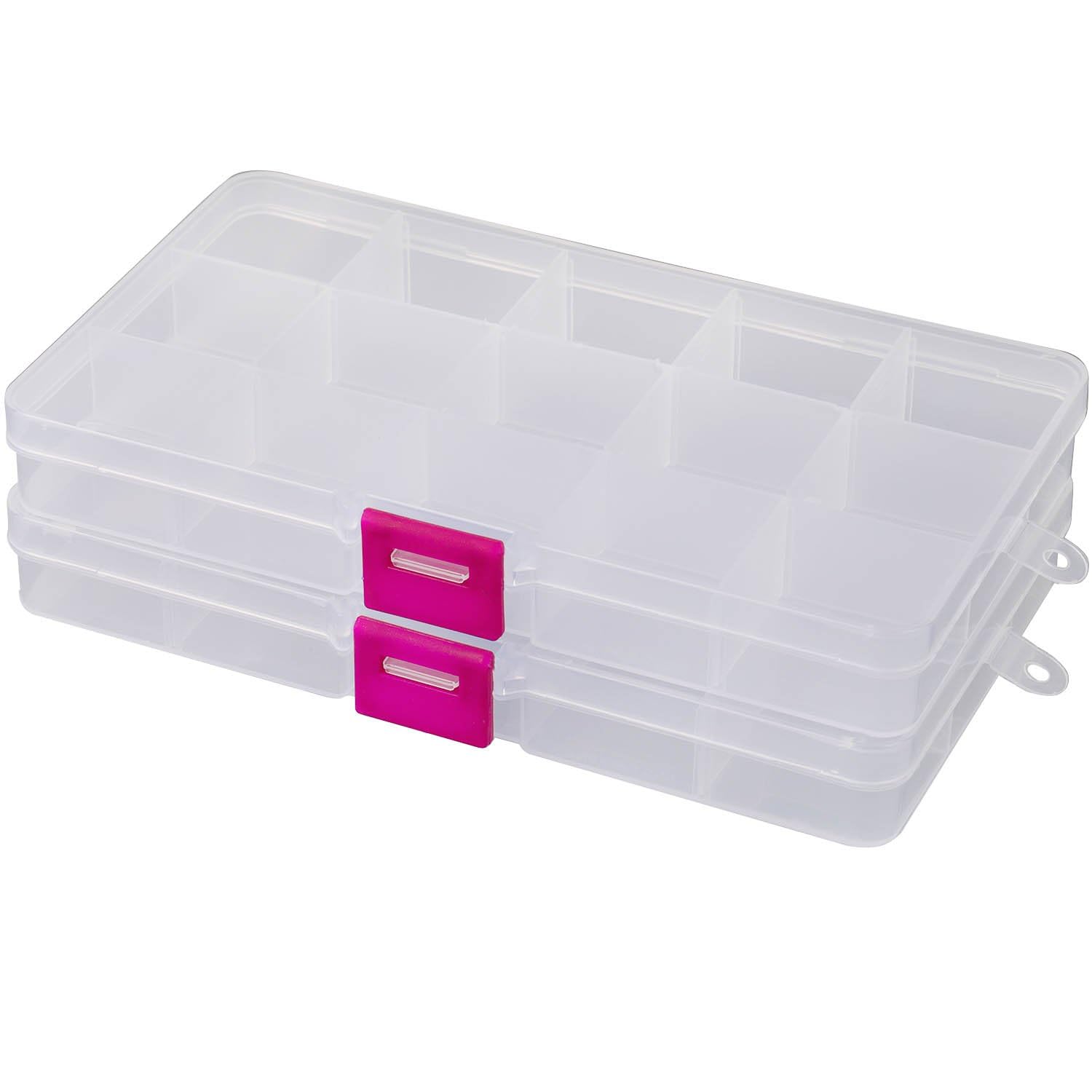 YoiYee 15-Grid Transparent Jewellery Organizers Box with Adjustable Dividers - Small Clear Plastic Storage Boxes for Jewelry, Cosmetics, Crafts, Hair Accessories (Red Buckle), Pack of 2