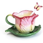Minigift Ceramic Tea Cup and Saucer Set ，6OZ 3D Hand-Painted Flower Coffee Mug，Gift for Women -Pink Tulip