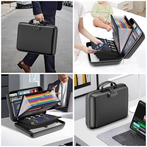 PFUTURE Fireproof File Organizer with Lock, Hard Shell Document Box with 13 Pocket Accordion Folder, Portable Fireproof Storage Case for Important Documents, Laptop, Home Office, Travel – Black