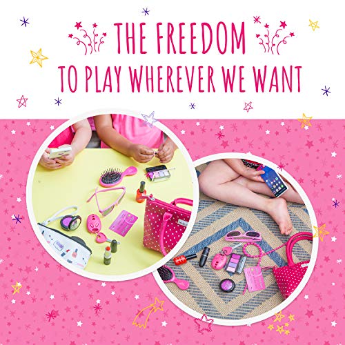 PixieCrush Deluxe Pretend Play Kid Purse Set for Girls with Handbag, Pretend Smart Phone, Keys, Pretend Makeup, Lipstick - Interactive & Educational Toy (Pink Polka Dot)