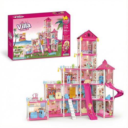 Casa de Boneca Gigante 1m x 1m URBANIUS com Piscina, Escorregador, Área de Pets e Quartos Mobiliados – 314 Peças Educativas para Crianças a Partir de 3 Anos