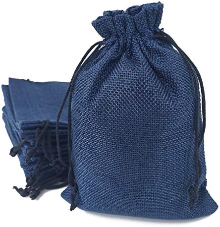 Gold Fortune 50PCS Burlap Bags with Drawstring Gift Jute bags Included Cotton Lining Party Bags (Navy, 10X14CM)