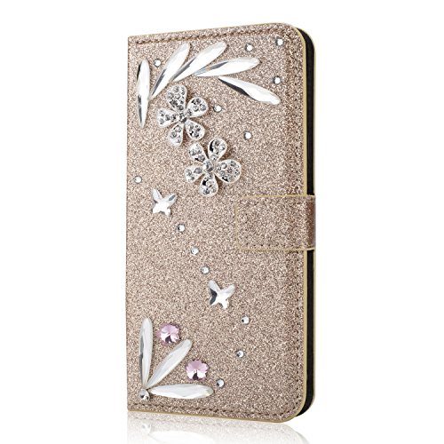 For Samsung Galaxy Note 8 Case, Aearl PU Leather 3D Crystal Bling Diamond Feather Jewels Rhinestone Flower Magnetic Closure Flip Wallet Card Slot Holder Stand Cover for Samsung Galaxy Note 8 - Gold