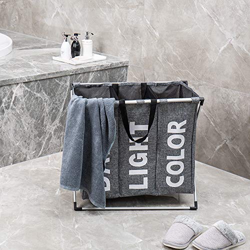 Hosroome 3 Sections Laundry Hamper Laundry Baskets with Aluminum Frame (24.5"x 15"x 23") Dirty Clothes Bag for Bathroom Bedroom Home College Use,Grey