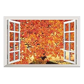 Red Maple Leaf in Autumn Open Window Mural Wall Sticker - 24"x32"