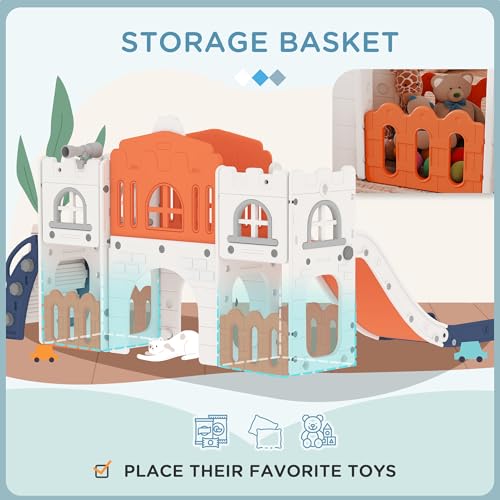 Qaba Toddler Slide, 9 in 1 Slide for Kids with Basketball Hoop, Climber, Telescope, Tunnel, Steering Wheel, Aisle, Storage Baskets, Indoor Slide Playset for 1-3 Years, Orange