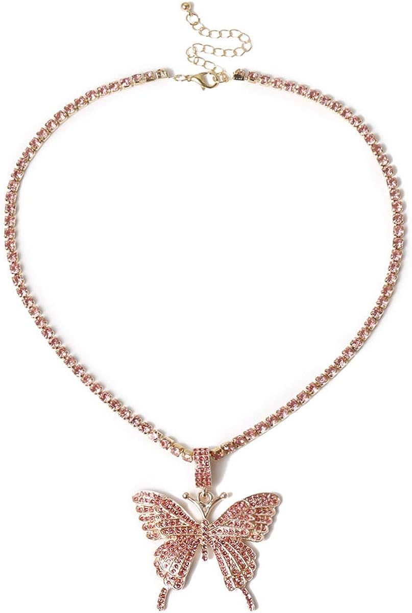 The Woo's Rhinestone Butterfly Necklace Tennis Chain Hip Hop Bling