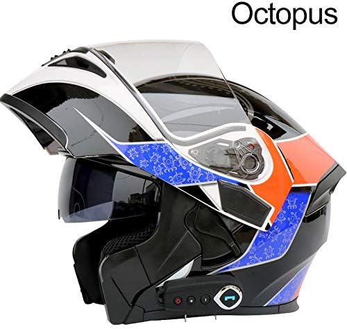 Bluetooth Integrated Modular Flip up Full Face Motorcycle Helmet Sun Shield Mp3 Intercom (Octopus, XXL)