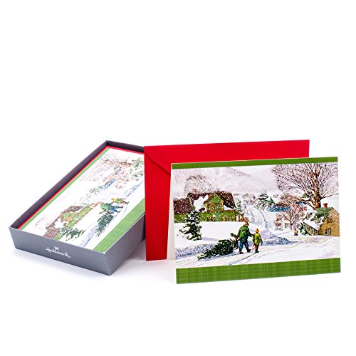 Hallmark Christmas Boxed Cards (Thomas Kinkade Christmas Tree with Holiday Houses, 16 Christmas Greeting Cards and 17 Envelopes)