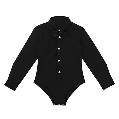 Agoky Kinder Jungen Langarm Bodysuit Tanzbody Latein Anzug Hemd Shirt mit Fliege Einteiler Jumpsuit Overall elastische Leotar