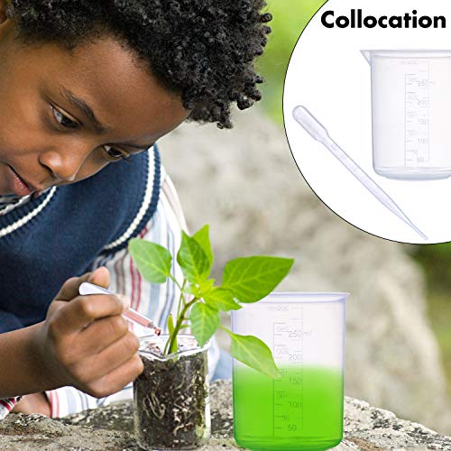 Plastic Beaker Set, 5 Sizes Low Form Measuring Graduated Griffin Polypropylene Beakers in 500 ml, 250 ml, 100 ml, 50 ml, 25 ml for Laboratory, Science Experiments with 5 Plastic Droppers in 3 ml。