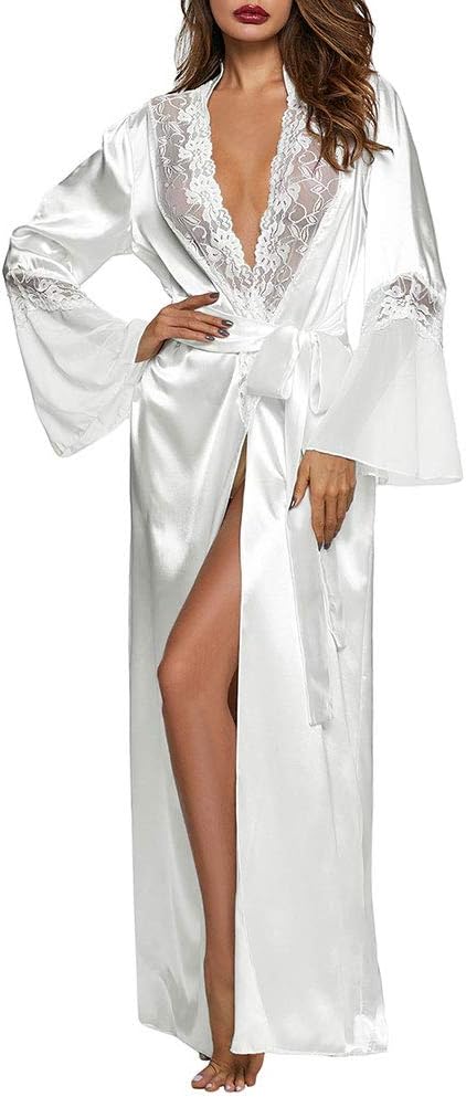 Womens Long Robe Kimono Satin Gown Lingerie S-XXL