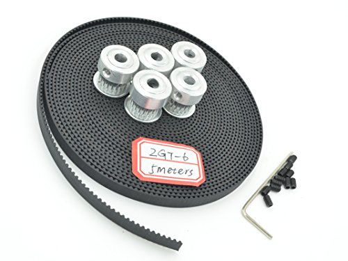 POWGE 5pcs GT2 Timing Pulley 20 Teeth Bore 5mm & 5Meters GT2 Open Belts W=6mm for 3D Printer Reprap Mendel Prusa