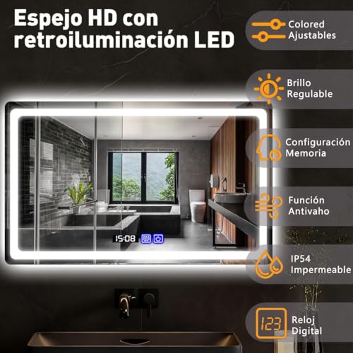 Espejo para Baño con luz LED,Espejo de 40x60cm,para tocador(Square 40*60cm) | Iluminación ajustable de 3 colores, eliminación de niebla, visualización de temperatura de tiempo.
