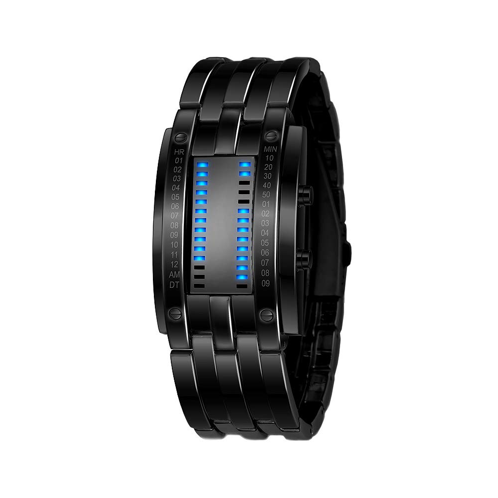 FeiWen Unisex Fashion Casual Binary Stainless Steel Digital Watches for Men and Women Blue LED Light Date Black Wristwatch (Large)