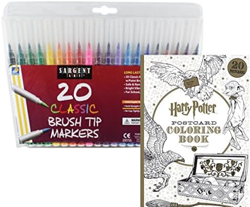 Harry Potter Postcard Coloring Book & 20 Sargent Art Firm Brush Tip Marker Pens Gift Set – Color Your Favorite Magical Hogwarts Scenes & Characters - For All Ages