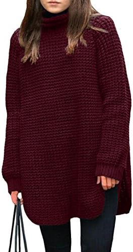 SSeary Women Turtleneck Cashmere Knit Long Sleeve Chic Thick Pullover Sweater Dress,Wine Red,L