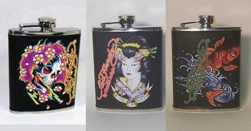 3E Design Set Of 3 Don Ed Hardy Leather Wrapped Metal Flasks