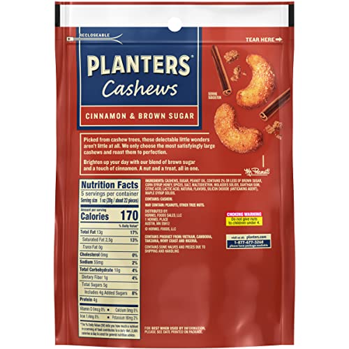 PLANTERS CASHEWS CINNAMON & BROWN SUGAR, PARTY SNACKS, 5 OZ BAG