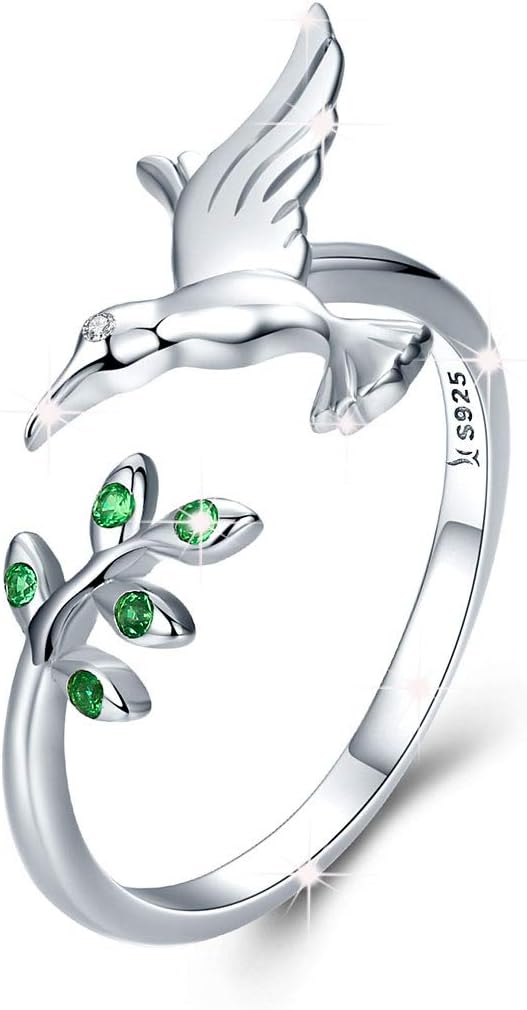 Adjustable Women Ring 925 Sterling Silver Bird Tree Leaves Open Finger Rings with Green Cubic Zirconia Jewellry