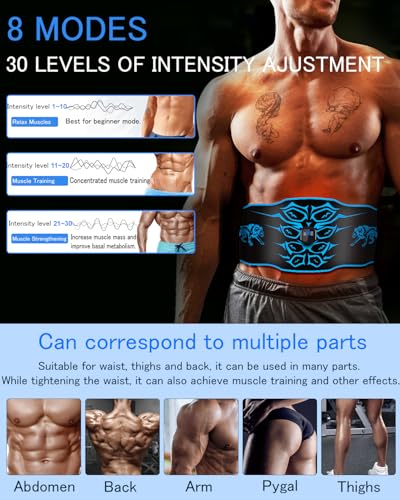Abs Trainer Muscle Stimulator, Washable & Skin-Friendly Ab Toning Belt with 14 Pads, 8 Modes 30 Levels, USB Rechargeable, Portable Fitness EMS Muscle Stimulator for Men & Women, Home Office