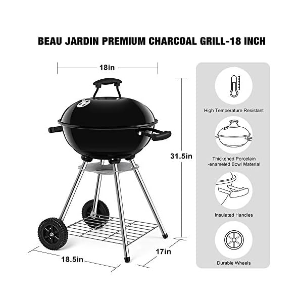 BEAU-JARDIN-Portable-Charcoal-Grill-for-Outdoor-18-inch-Barbecue-Grill-and-Smoker-Heat-Control-Round-BBQ-Kettle-Outdoor-Picnic-Patio-Backyard-Camping-Tailgating-Steel-Cooking-Grate-for-Steak-Chicken