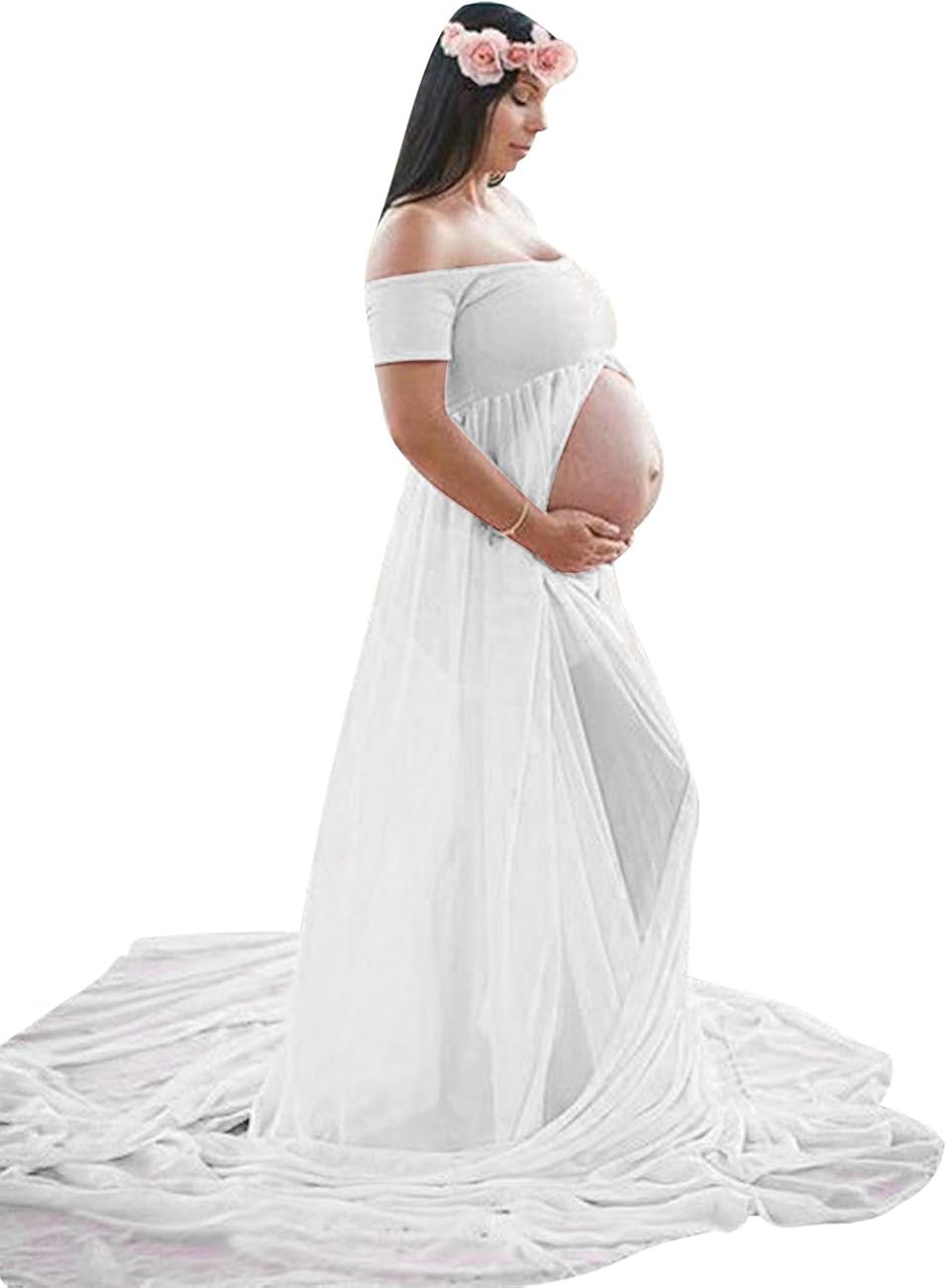 JustVH Maternity Off Shoulder Chiffon Gown for Photography Split Front Maxi Pregnancy Dress for Photoshoot at  Women’s Clothing store