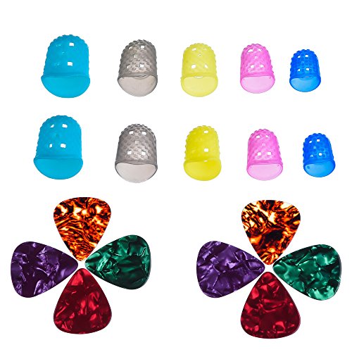 Antner 10 Pcs Silicone Guitar Fingertip Protectors and 8 Pcs Celluloid Guitar Picks Plectrums Set