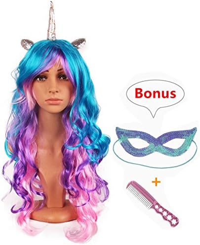 Unicorn Horn Wig Headband Hairpiece with Ears Long Curly Wigs for Halloween Cosplay Party ( Silver Horn)