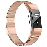 iGK Replacement Bands Compatible for Fitbit Charge 2, Stainless Steel Metal Bracelet with Unique Magnet Clasp Rose Gold Small
