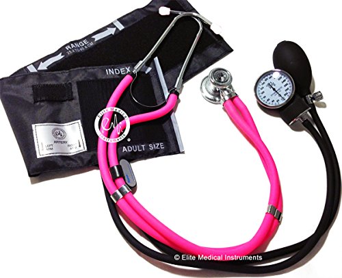 Elite Medical Instruments EBE-340-Pink Sprague Rappaport Stethoscope with Black Aneroid Sphygmomanometer Blood Pressure Cuff Set