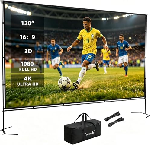 120" Projection Screen with Reinforced Stand - 4K HD 16:9 Anti-Fold Canvas 5 Min Mount for Indoor/Outdoor Parties Home Cinema & Camping - Bag Included