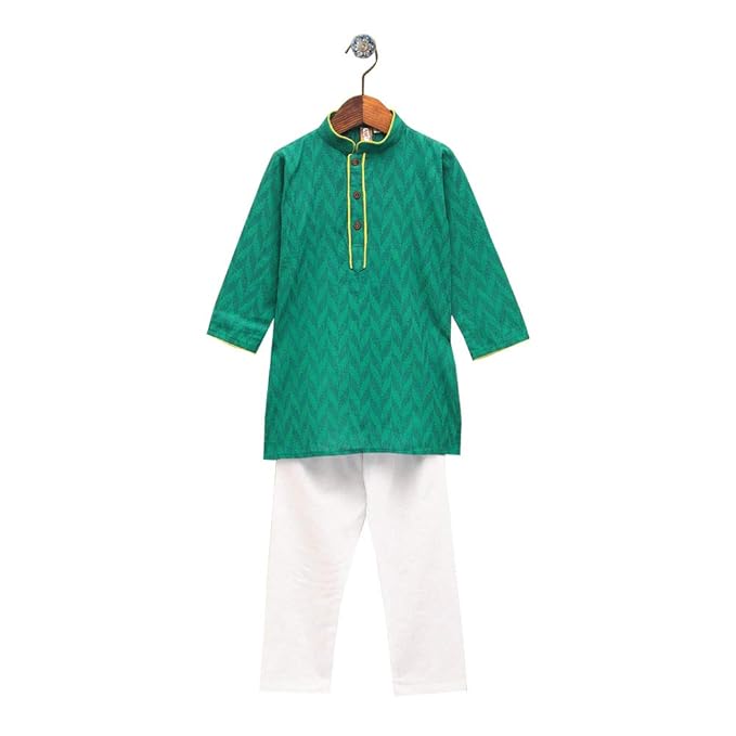 Kid1 by Hopscotch Baby Boys Cotton Full Sleeves Kurta Pyjama Set in Green Color