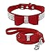 Beirui Rhinestone Bling Leather Dog Collar& Leash - Red Soft Flocking Sparkly Crystal Diamonds Studded - Cute Double Bowknot - Perfect 4 Foot for Pet Show & Daily Walking Neck for 8-10