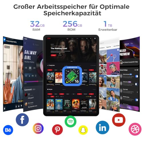 Tablet 12.2 Inch Android 16 Tablets, 32GB RAM + 256GB ROM, 2400 x 1600 IPS 10000mAh Tablet Octa-Core T7300, 5+16MP/Gemini AI/Widevine L1/TÜV Rheinland/18W Fast Charge/IP54 Waterproof