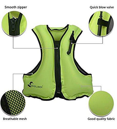 Kingswell Kids Inflatable Life Jacket Teens Swim Vest For Youth Weight Over 80-220lbs Portable Snorkel Vest Buoyancy Safety Aid Vest For Snorkeling, Diving, Swimming-Green - Thumbnail 3
