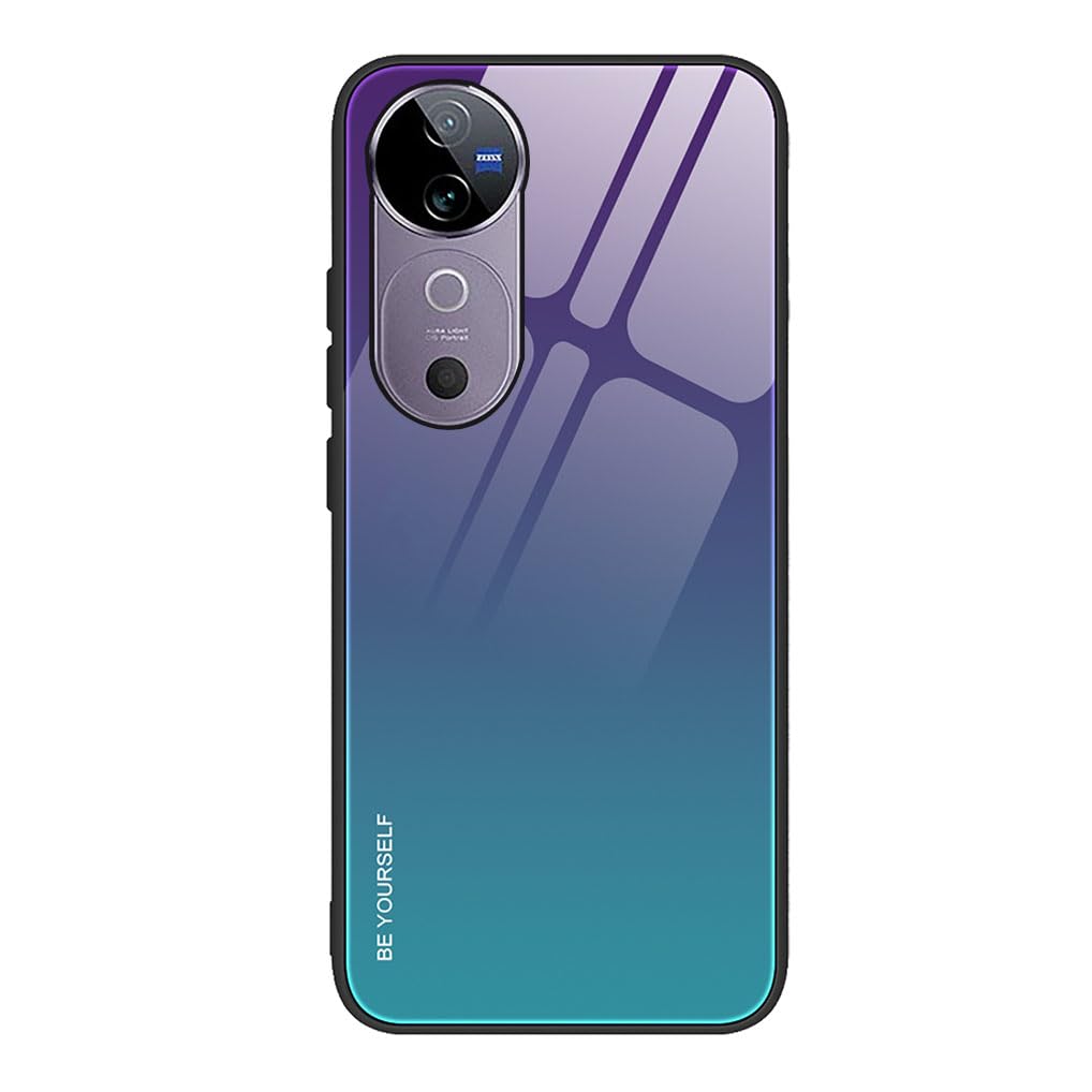 SEAHAI Case for Vivo V40 5G / Vivo V40 Pro 5G, Ultra Thin Gradient Color Tempered Glass Hard Back & Soft Silicone TPU Bumper Hybrid Shockproof Cover, Gradient Blue
