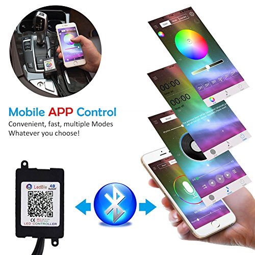Car LED Strip Lights, ONEKA 4pcs 48 LED Bluetooth APP Control Atmosphere Interior Lights Multicolor Music Car Led Light Strips Under Dash Lighting Kit For DIY Car Indoor Party (Car Cigarette port)