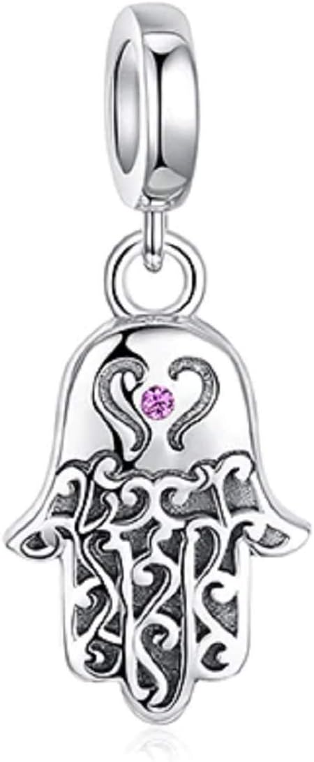 FeatherWish 925 Sterling Silver Lucky Hamsa Evil Eye Pendant Dangle Charm With Cubic Zirconia Fits Pandora Bracelet