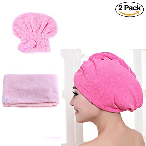 ForUBeauty 2 Pack Hair Drying Towels Coral Fleece Microfiber Fast Drying Hair Wrap Turban Cap Style Ultra Absorbent Pink