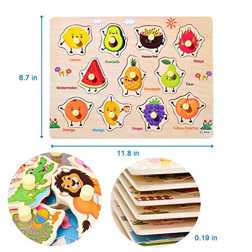 image for Blppldyci Wooden Peg Puzzle for Toddlers, Alphabet ABC, Numbers Fruits