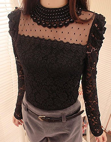 pomo-z women's long sleeve embroidery pearl sheer lace crochet blouse shirt top