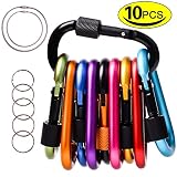 Locking Carabiner, Aluminum D-Ring, Carabiner Keychain Hook Clip for Outdoor, Camping, Hiking, Traveling, Backpack (10 Pcs+5 Key Rings+2 Wire Keychain Cable)