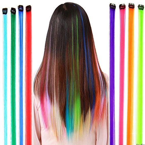 10 Pcs Assorted Color Highlights Colorful Hair Extensions Hairpieces Beauty Hair Clip On Salon Supply Hair Pieces Costume Accessory for Party or Daily
